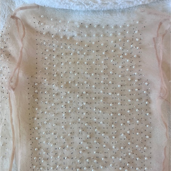 Pearl Rhinestone Sheer Bodysuit Long Sleeve Mesh Top Blouse Crop Top Clubwear M - Picture 10 of 12